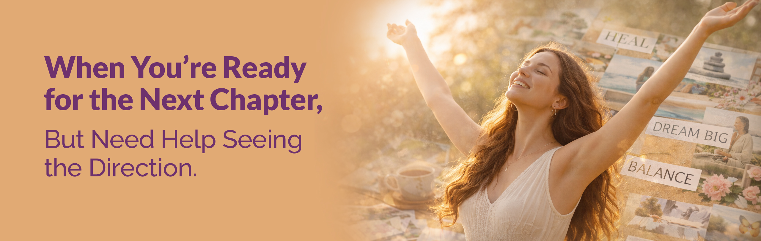 Woman standing with arms raised in front of a vision board, symbolizing clarity, healing, and stepping into a new chapter.