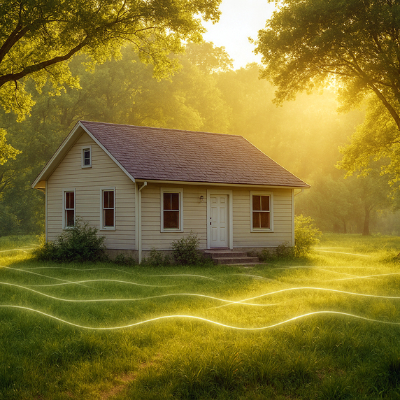 A sunlit house in a green clearing, surrounded by trees and flowing energy lines symbolizing harmony.