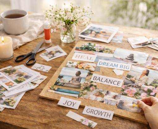 Vision board on a table with images and words like balance, growth, joy, and dream big, representing intentional life design and manifestation