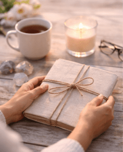 Hands holding a wrapped journal beside a candle and tea, symbolizing reflection, clarity, and personal insight after journaling