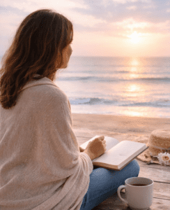 Woman journaling quietly by the ocean at sunset, reflecting and writing in a peaceful outdoor setting