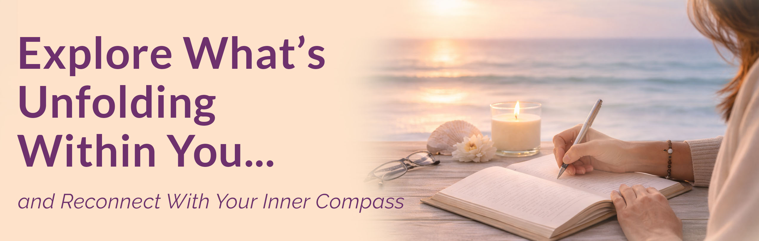 Guided journaling scene with notebook, candle, and ocean sunset, representing reflection and personal insight.