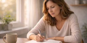 Thoughtful middle-aged woman with open journal, capturing the feeling of being stuck in midlife before change.
