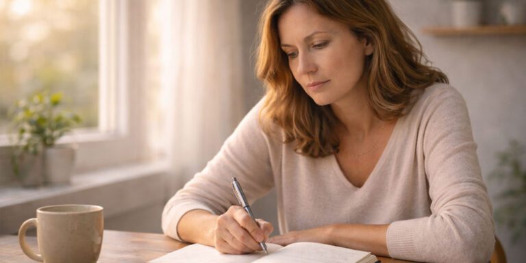 Feeling Stuck in Midlife? Why Denial Feels Safer Than Change 1 Thoughtful middle-aged woman with open journal, capturing the feeling of being stuck in midlife before change.