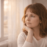 Woman reflecting quietly while navigating a life transition and seeking clarity