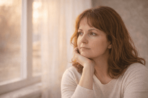 Woman reflecting quietly while navigating a life transition and seeking clarity
