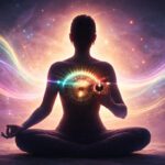 Meditating silhouette tuning a glowing heart chakra dial, representing finding your inner frequency, with radiant light and flowing energy in the background.