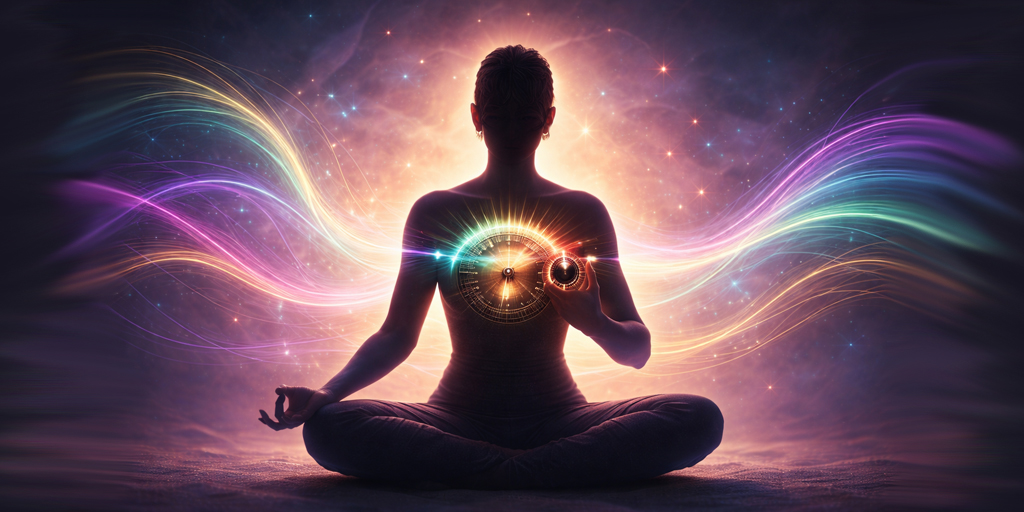 Tuning In to Your True Self: Finding Your Frequency 1 Meditating silhouette tuning a glowing heart chakra dial, representing tuning intoyour inner frequency, with radiant light and flowing energy in the background.