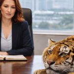 “Professional woman sitting at a boardroom table with a tiger in front of her, symbolizing overcoming fear and ego in leadership.”