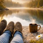 Couple enjoying a quiet lakeside sunrise with coffee and wildflowers, reflecting balance and mindful living.