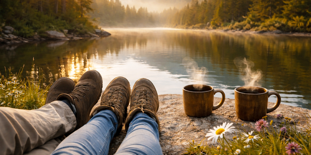 Finding Balance Isn’t About Doing Less—It’s About Finally Coming Back to Yourself 1 Couple enjoying a quiet lakeside sunrise with coffee and wildflowers, reflecting balance and mindful living.