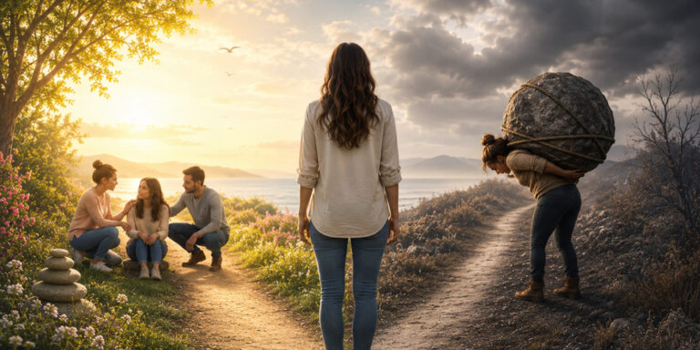 From fixer to healer, woman standing at a crossroads to carrying the weight of others on her shoulders or healing others