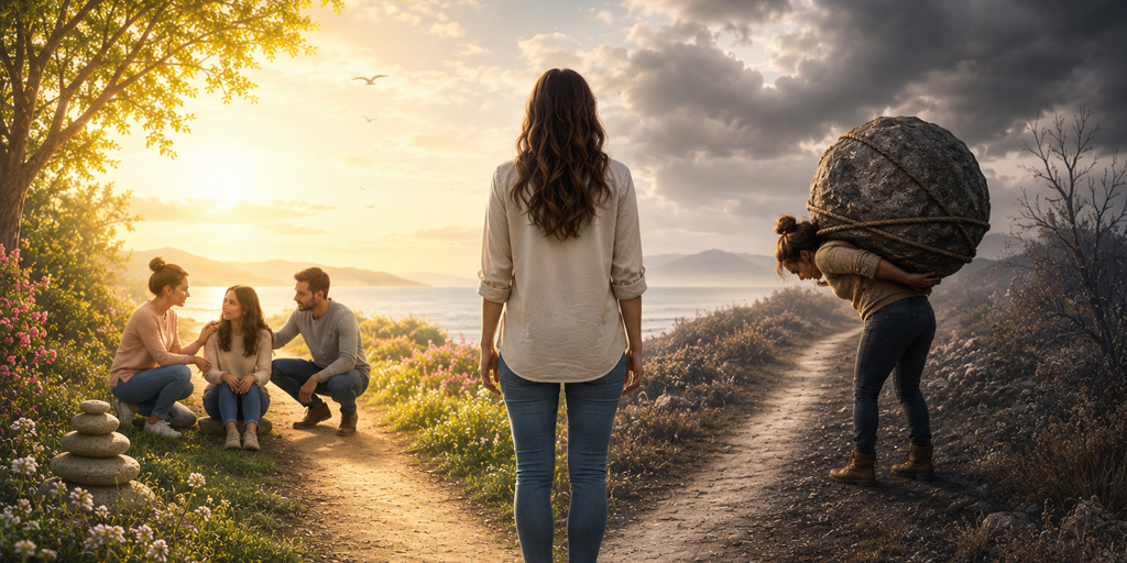 From fixer to healer, woman standing at a crossroads to carrying the weight of others on her shoulders or healing others