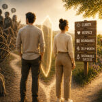 Illustration representing setting boundaries in business and personal life, showing a man and woman choosing self-worth, respect, and healthy relationships over emotional drain, overstepping, and being taken for granted.