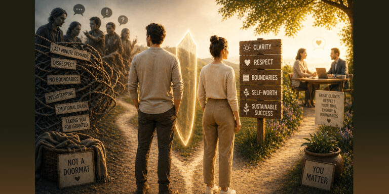 Illustration representing setting boundaries in business and personal life, showing a man and woman choosing self-worth, respect, and healthy relationships over emotional drain, overstepping, and being taken for granted.