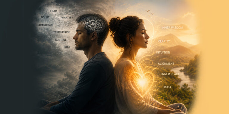 The Soul Speaks in Many Languages: Discover How to Trust Your Inner Compass 1 Visual representation of ego versus intuition, showing the contrast between fear-based thinking and heart-centered inner wisdom to help readers trust their inner compass.