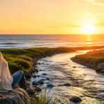 Woman sitting peacefully on a rock beside a flowing river leading to the ocean at sunset, symbolizing living from joy, trusting inner guidance, and allowing life to unfold in divine timing.