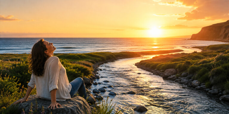 Living From Joy: How to Recognize the Difference Between Intuitive Guidance and Ego-Based Decision Making 1 Woman sitting peacefully on a rock beside a flowing river leading to the ocean at sunset, symbolizing living from joy, trusting inner guidance, and allowing life to unfold in divine timing.