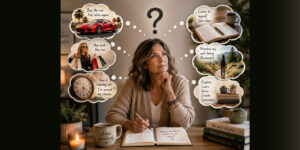 Illustration of a woman in midlife exploring the difference between a midlife crisis and a midlife awakening through journaling, self-reflection, and personal growth.