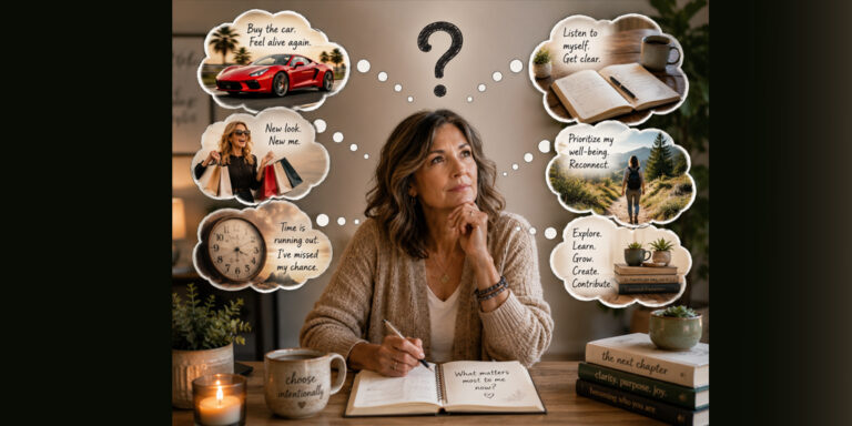 Illustration of a woman in midlife exploring the difference between a midlife crisis and a midlife awakening through journaling, self-reflection, and personal growth.