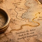 Antique compass on a vintage map with a new route highlighted, representing divine redirection, personal growth, and life's unexpected opportunities.