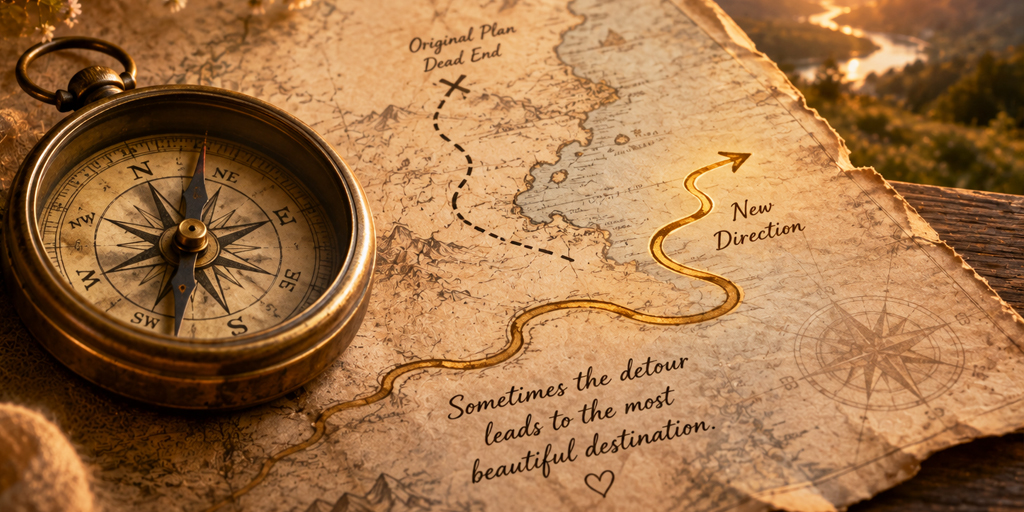 Antique compass on a vintage map with a new route highlighted, representing divine redirection, personal growth, and life's unexpected opportunities.