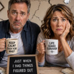 Middle-aged couple reacting to a life quake, representing unexpected life changes, personal growth, resilience, and navigating major transitions in midlife.