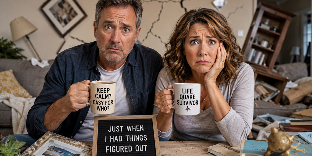 Life Quakes: When the Ground Beneath You Starts to Shake 1 Middle-aged couple reacting to a life quake, representing unexpected life changes, personal growth, resilience, and navigating major transitions in midlife.