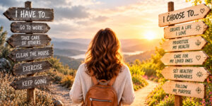 Woman standing at a fork in the road between obligation and choice, illustrating taking back your power, personal freedom, and intentional living.