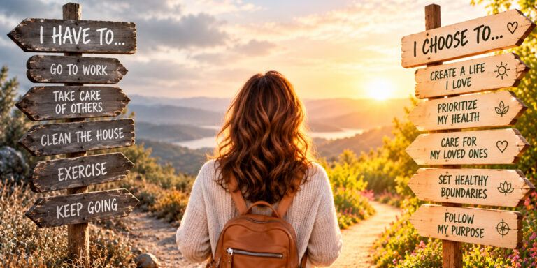 Woman standing at a fork in the road between obligation and choice, illustrating taking back your power, personal freedom, and intentional living.