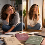 A midlife woman sits thoughtfully beside a full-length mirror, contrasting self-doubt with a more confident reflection. Books representing writing a book, starting a business, launching a podcast, teaching, and sharing knowledge symbolize new possibilities and overcoming imposter syndrome.