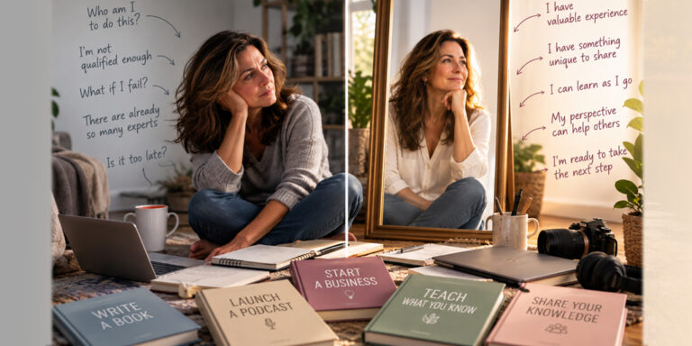 A midlife woman sits thoughtfully beside a full-length mirror, contrasting self-doubt with a more confident reflection. Books representing writing a book, starting a business, launching a podcast, teaching, and sharing knowledge symbolize new possibilities and overcoming imposter syndrome.